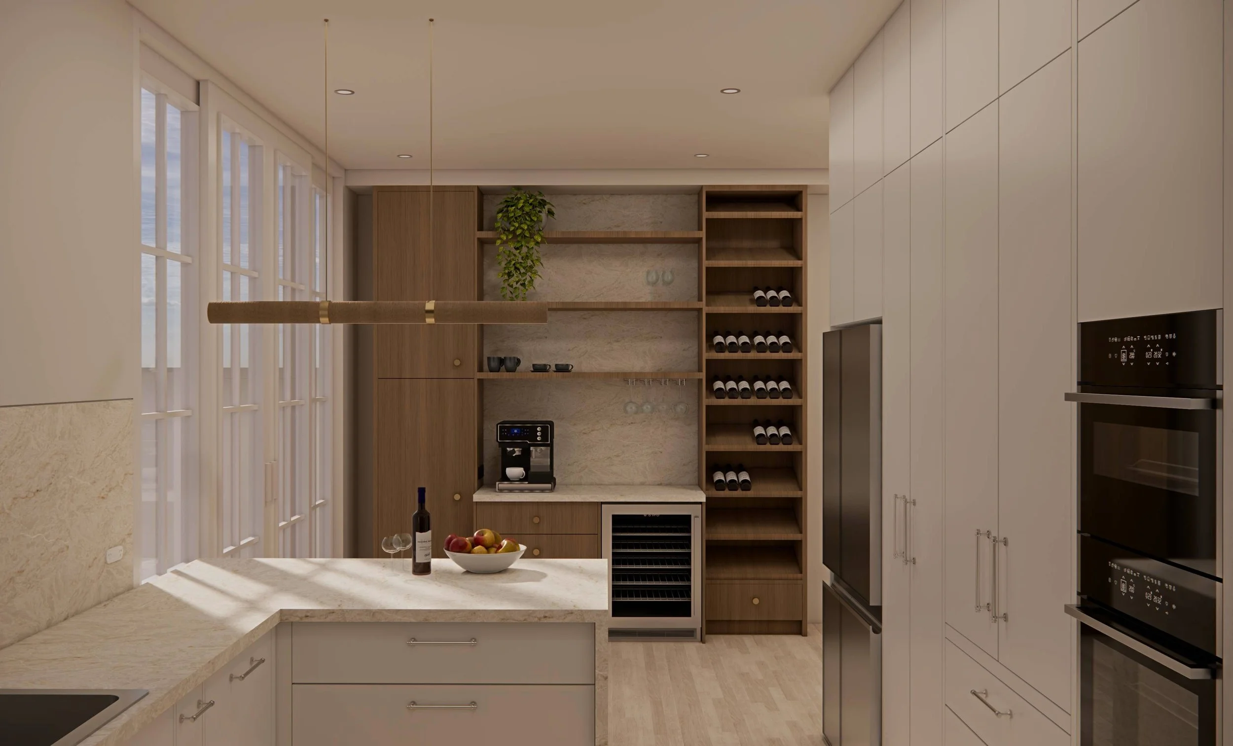 A render of the north shore downsizers' kitchen, with walnut dry bar in the background and a light coloured kitchen with Taj Mahal stone in the foreground.