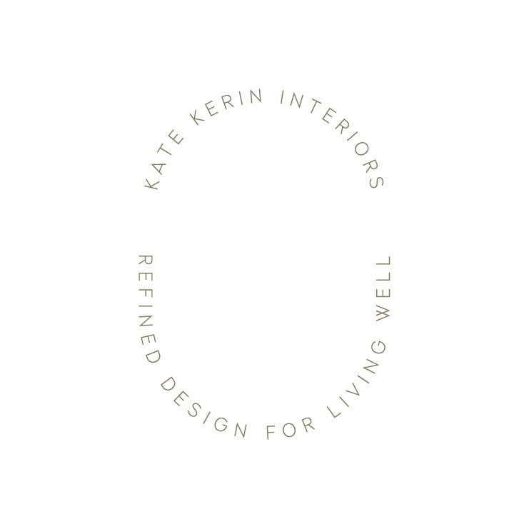 The brand stamp for Kate Kerin Interiors, reading, 'Kate Kerin Interiors refined design for living well' arranged in an oval shape.