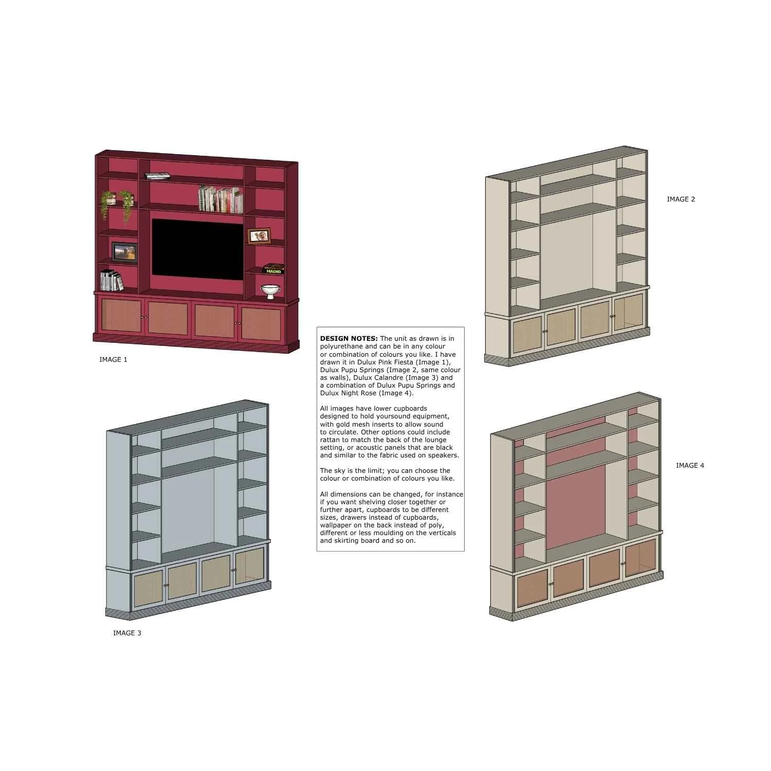 Joinery design concepts showing four custom wall-unit options with shelving, cabinetry, colour treatments and integrated television space.