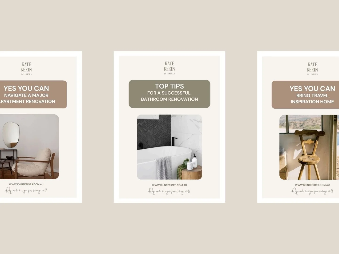 Three Kate Kerin Interiors free resource guide covers featuring advice on apartment renovations, bathroom renovations and bringing travel inspiration into the home.