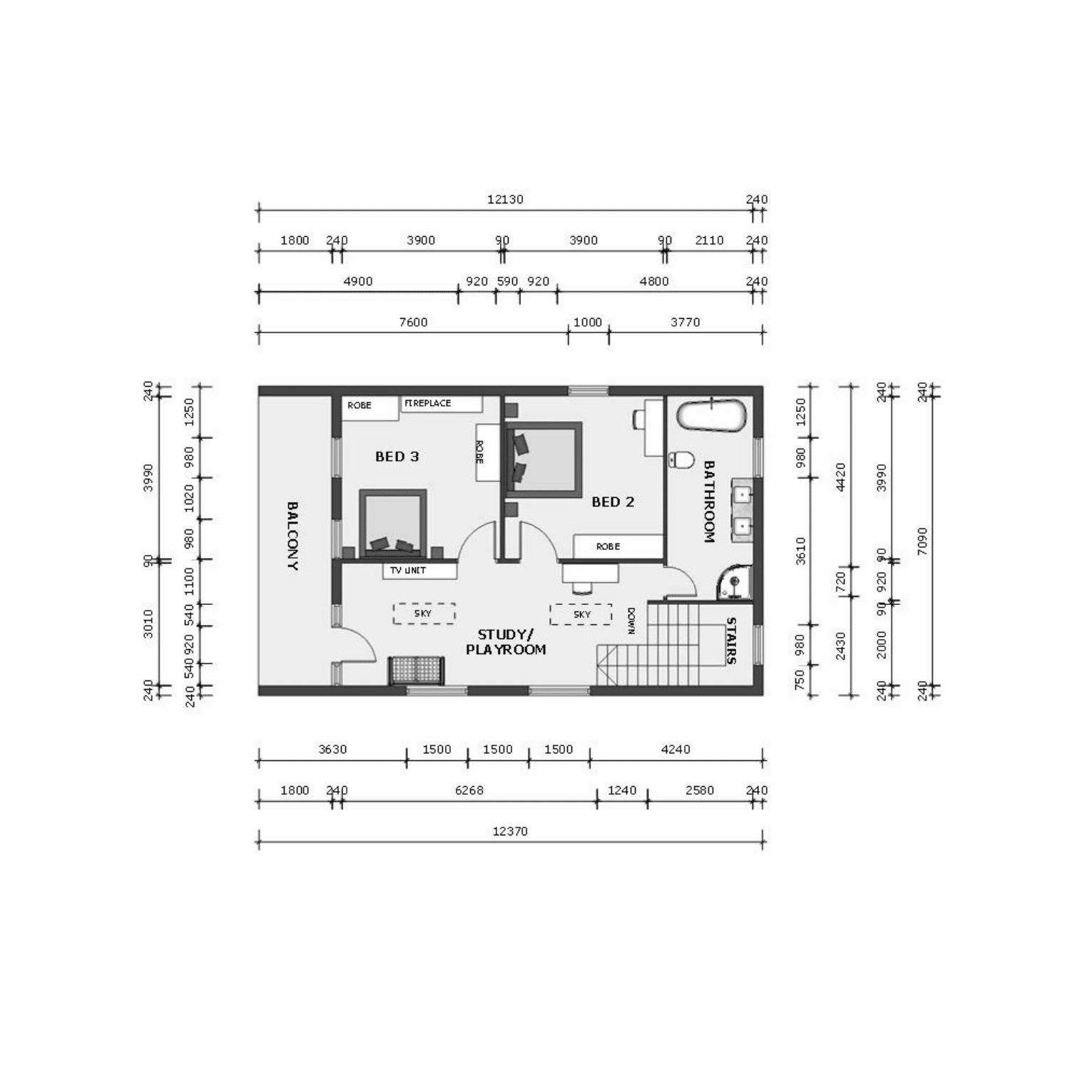 Interior floor plan showing bedrooms, bathroom, study/playroom, balcony, stairs and room dimensions for spatial planning.