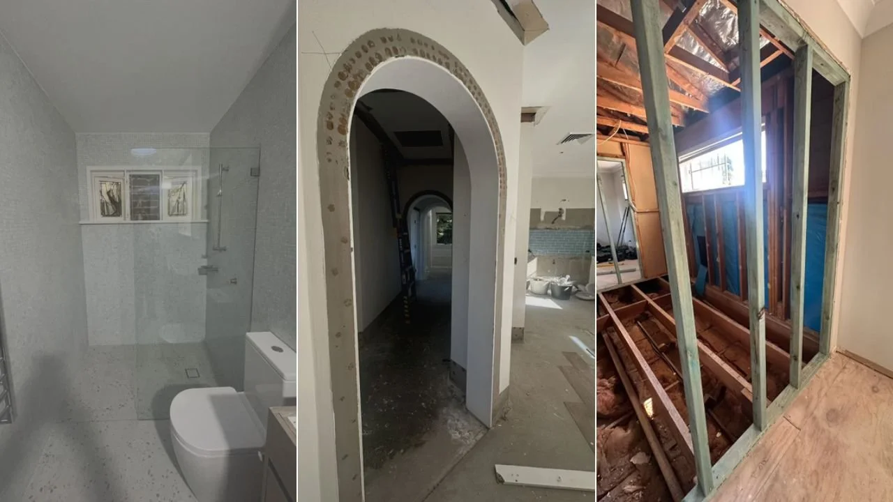 Three images of renovations all at different stages - a bathroom that's nearly finished, a hallway that's being demolished and a space that is just wood rafters.