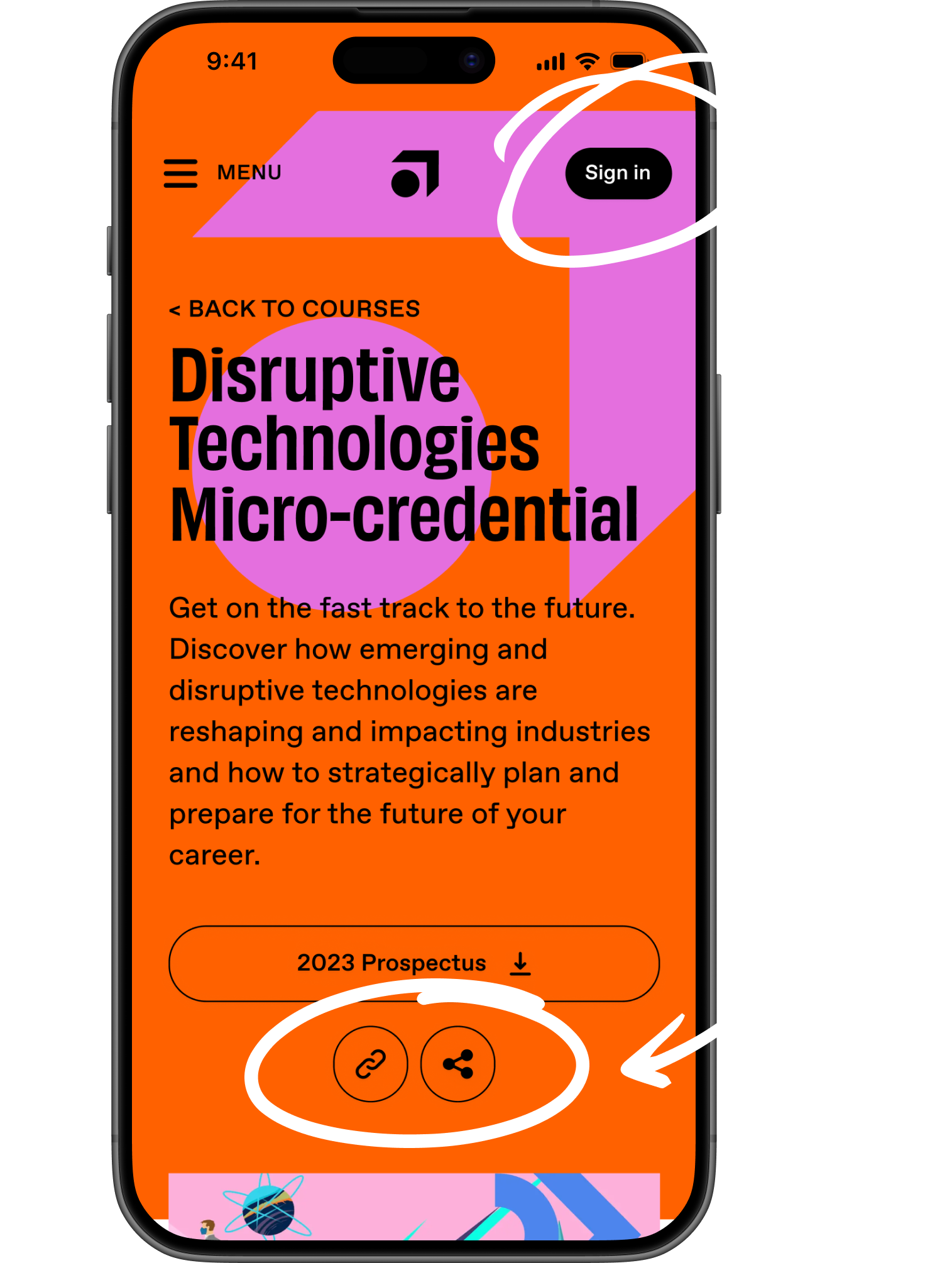 Smartphone screen displaying a webpage about disruptive technologies and micro-credentials, with a 'Sign in' button at the top, a menu icon, and sharing options at the bottom.
