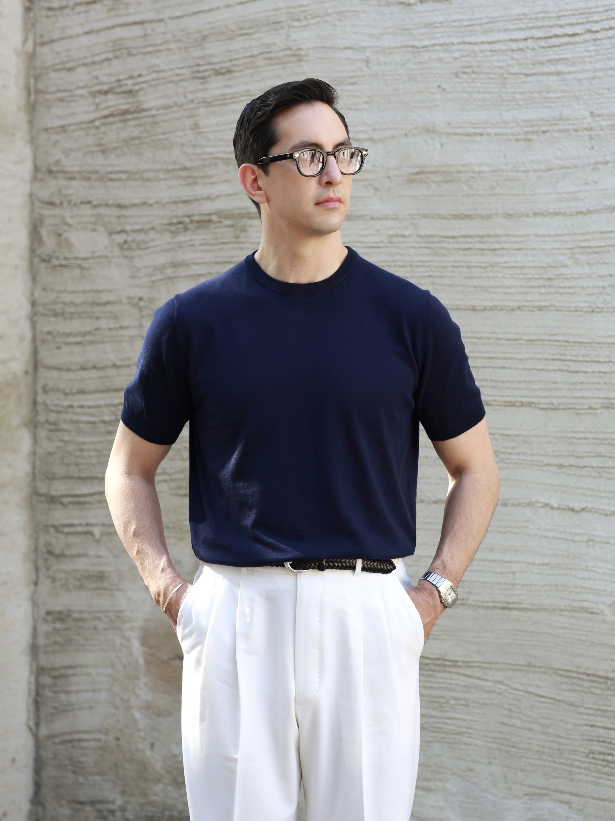 Cotton/Silk/Cashmere Knit Tee - Navy