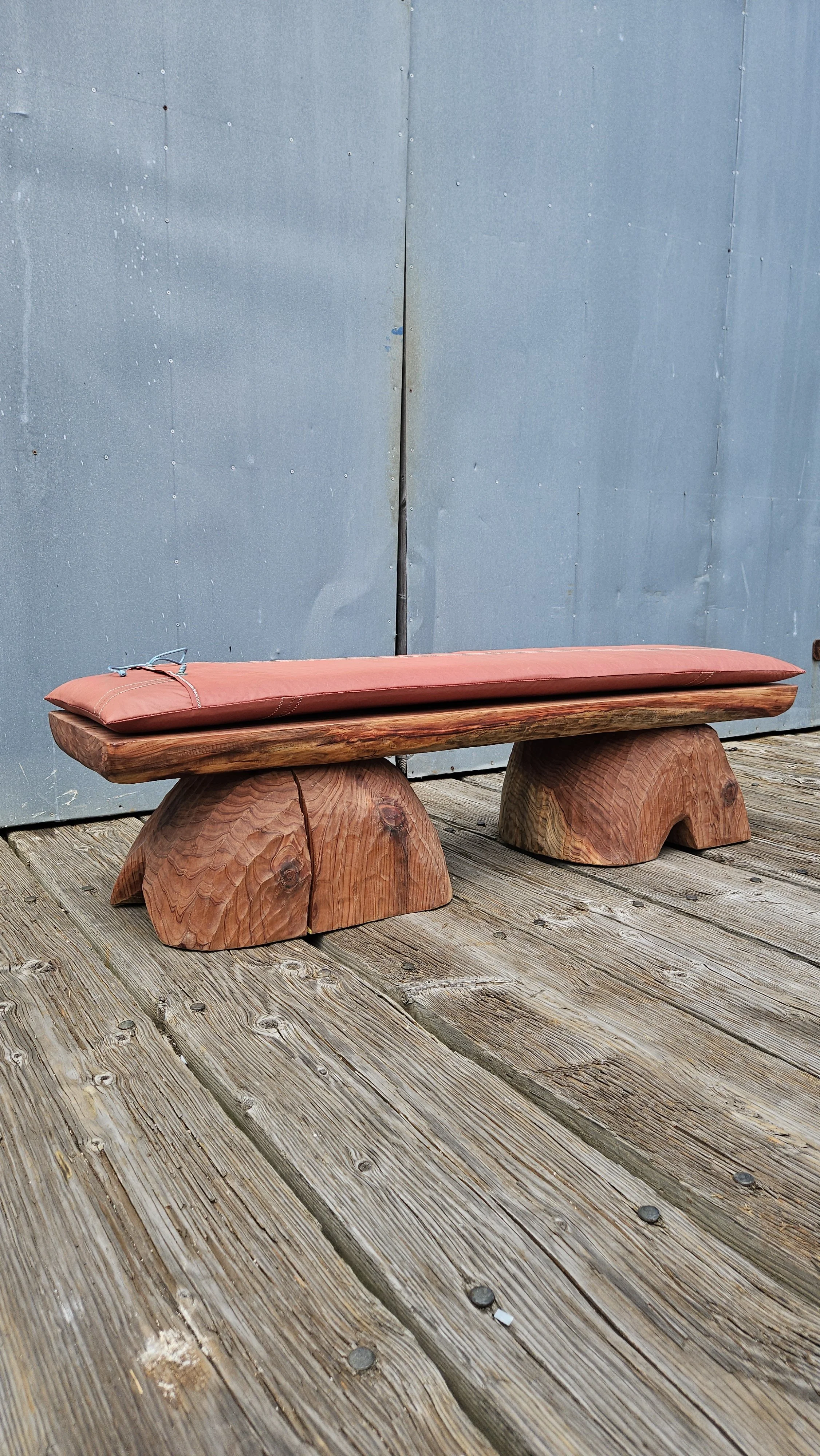 Redwood bench with tanbark sailcloth cushion