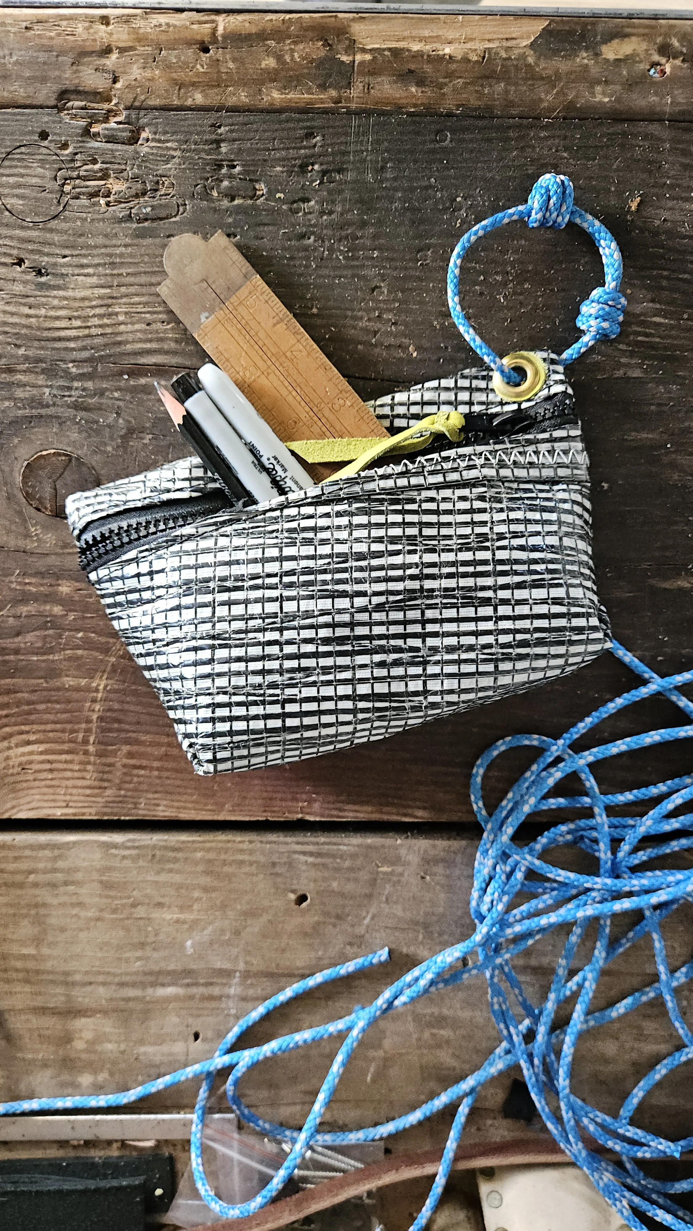 black and white upcycled sail cloth zipper pouch