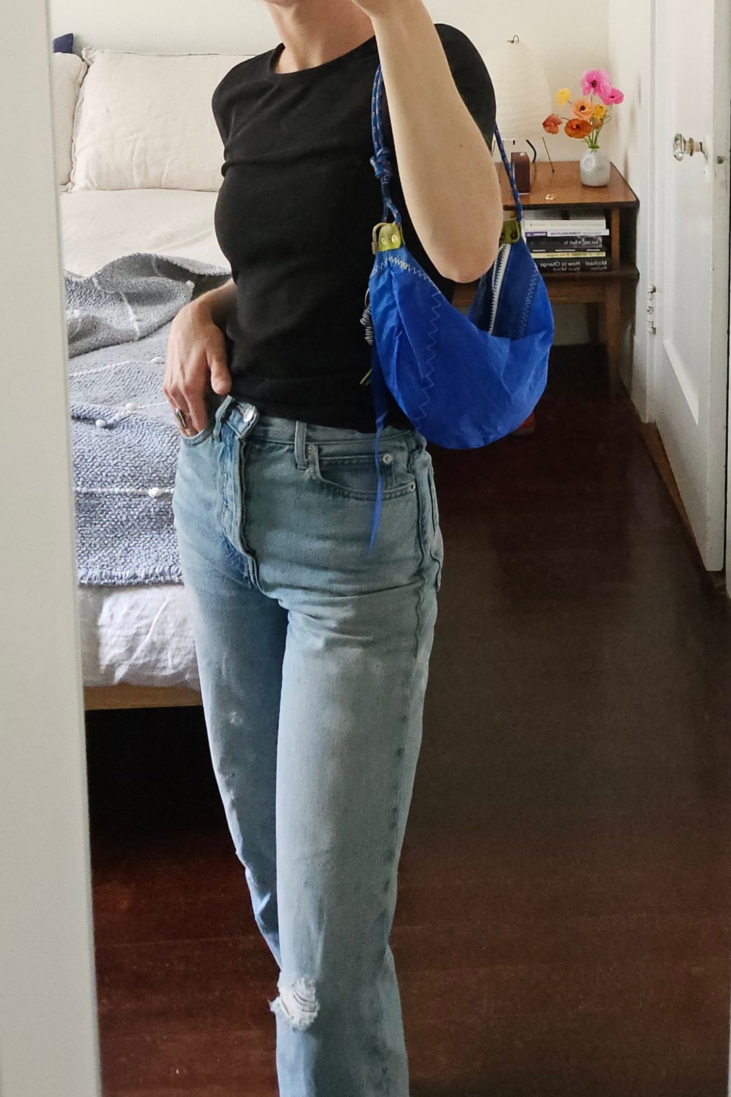 blue crossbody sling purse made from recycled boat sails