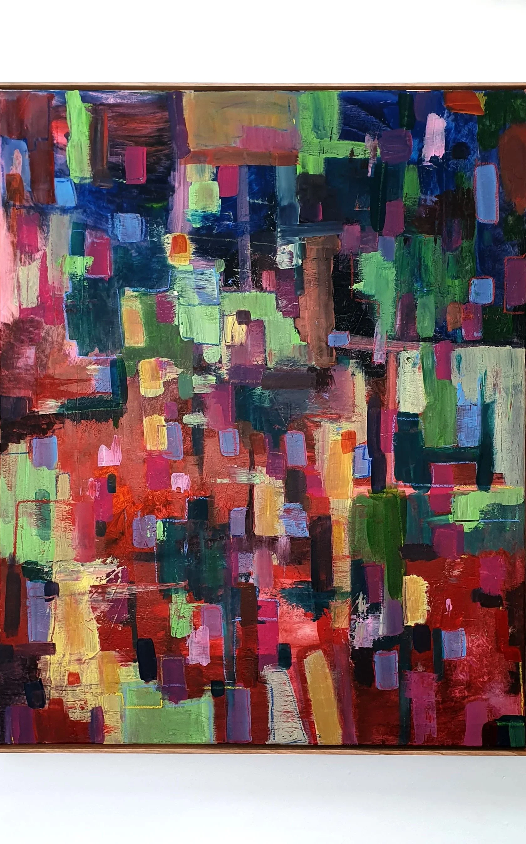 Abstract colorful painting with overlapping rectangular and square shapes in vibrant shades of red, green, blue, pink, purple, and yellow.