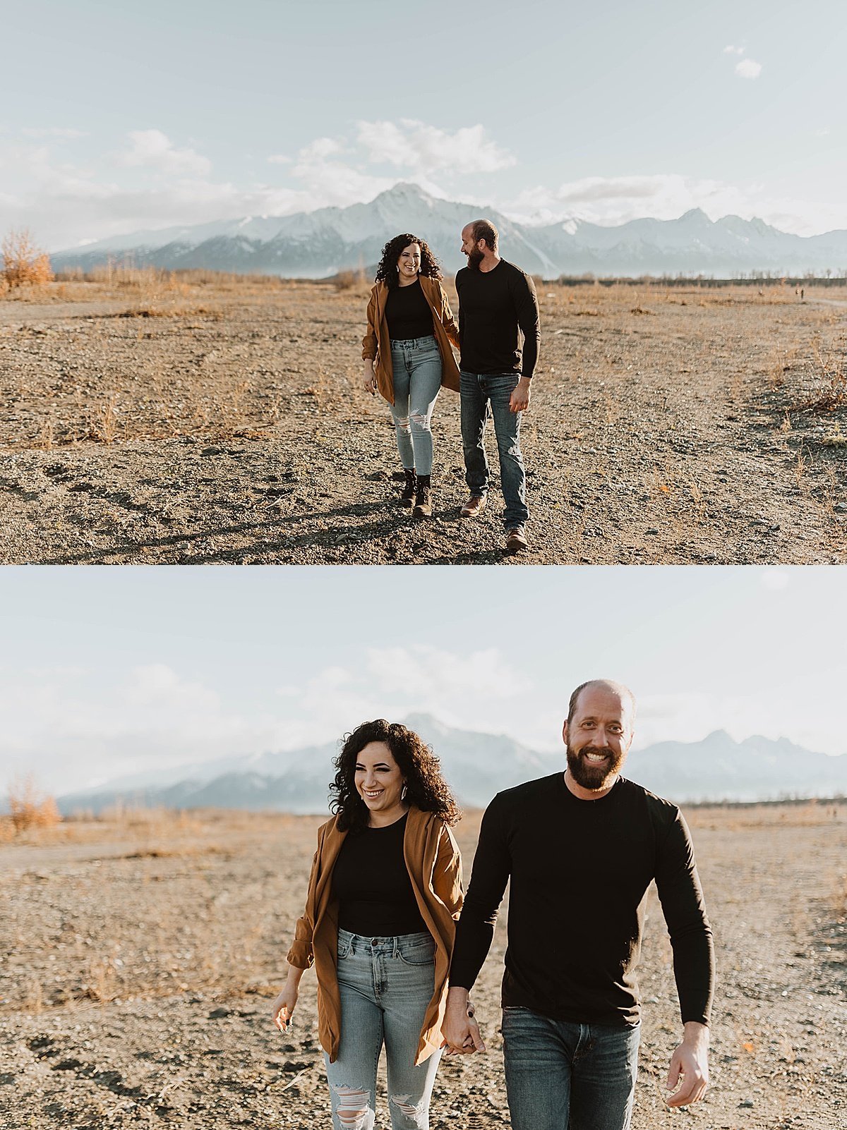  Outdoorsy couple walk through mountain landscape in engagement shoot by Alaska wedding photographer 