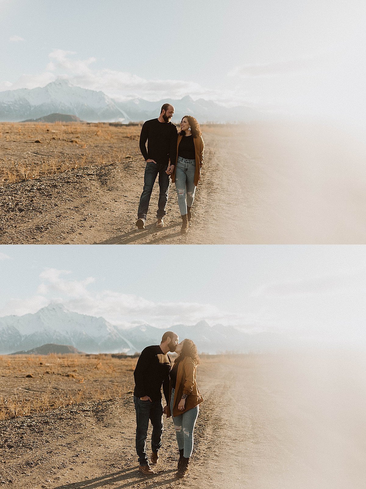  Engaged couple strolls dirt road in mountain park photoshoot by Theresa McDonald Photography 