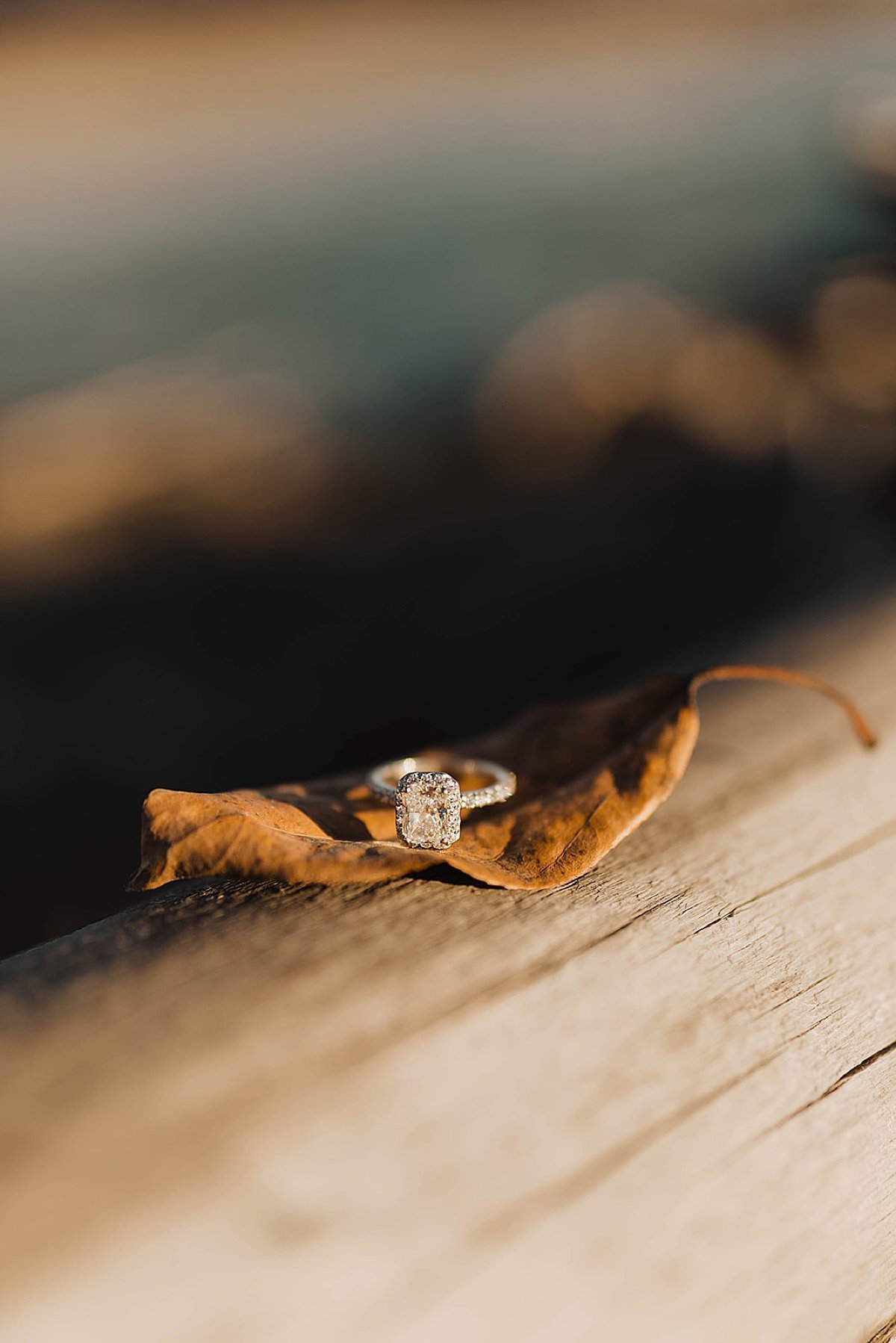  Diamond ring detail shot from warm sunset engagement shoot in mountain park 