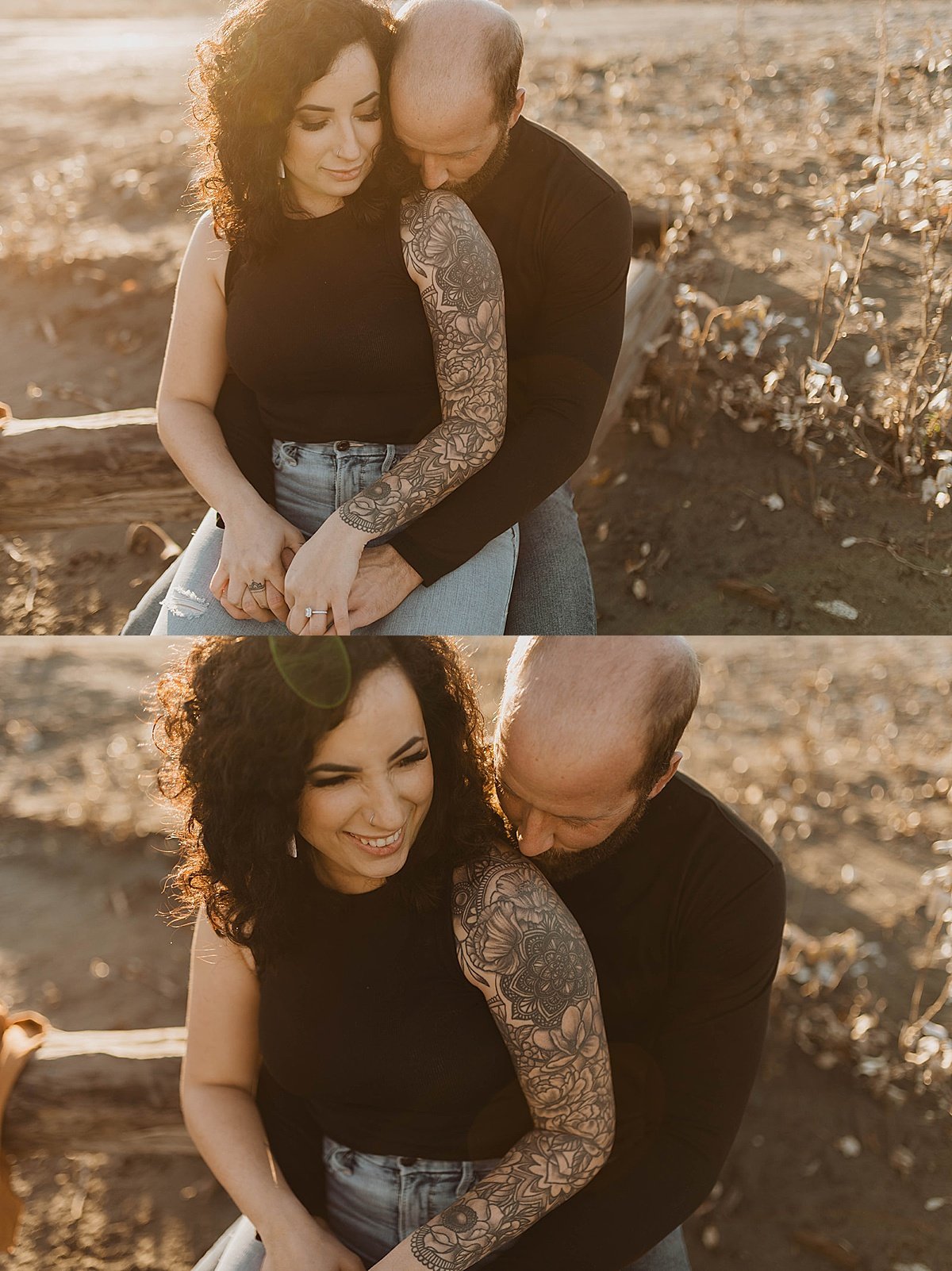  outdoorsy couple with hip tattoos pose and smile during warm sunset engagement shoot 