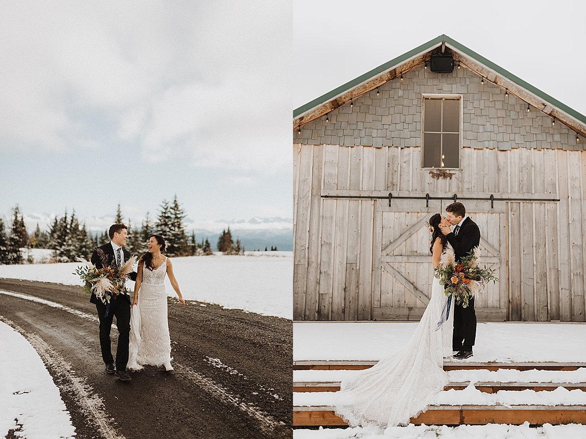  newlywed bride and groom walk hand in hand down rustic snowy road at wedding shot by Theresa McDonald Photography 