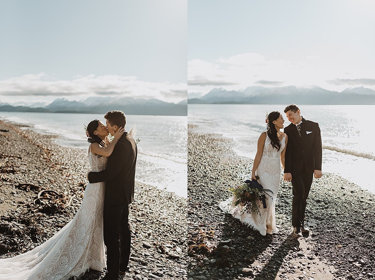  bride and groom share first look on rocky beach at ceremony shot by alaska wedding photographer 
