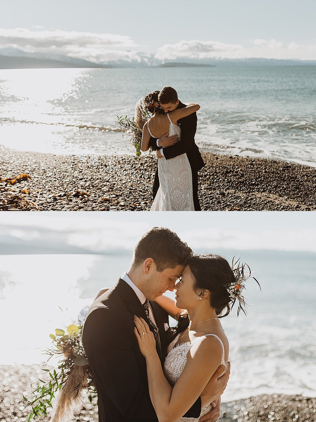  bride and groom embrace with autumn colors bouquet on rocky beach before snowy fall wedding 