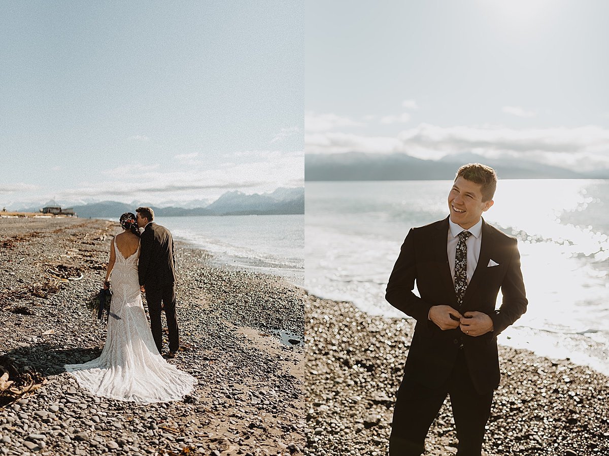  bride and groom walk along rocky lake beach before snowy fall wedding in alaska 