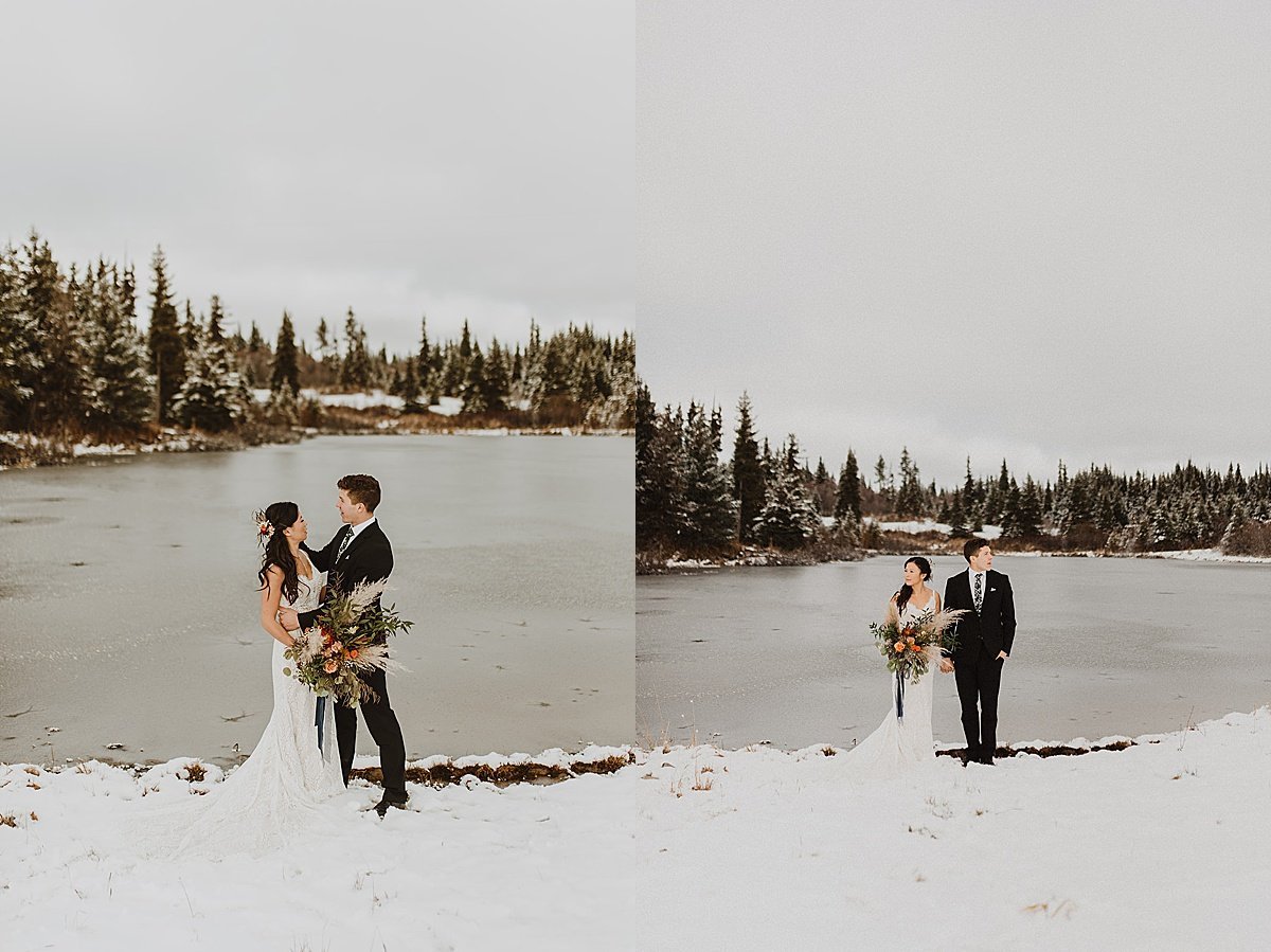  bride and groom pose on snowy lake beach at autumn wedding shot by Theresa McDonald Photography 