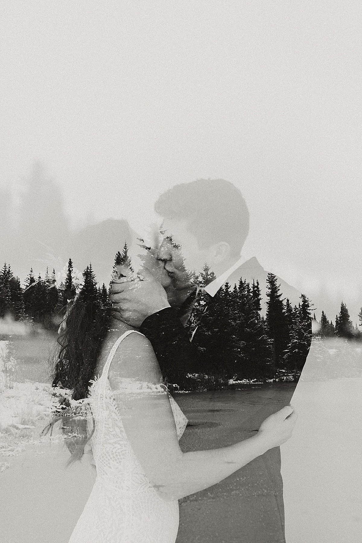  artsy photo of bride and groom superimposed on winter lake landscape during wedding shot by Theresa McDonald Photography 