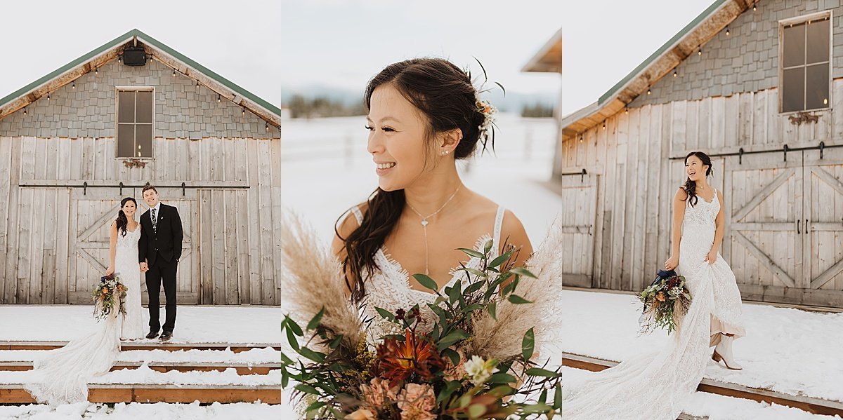  bride and groom pose in front of cozy snowy venue during rustic fall ceremony shot by alaska wedding photographer 