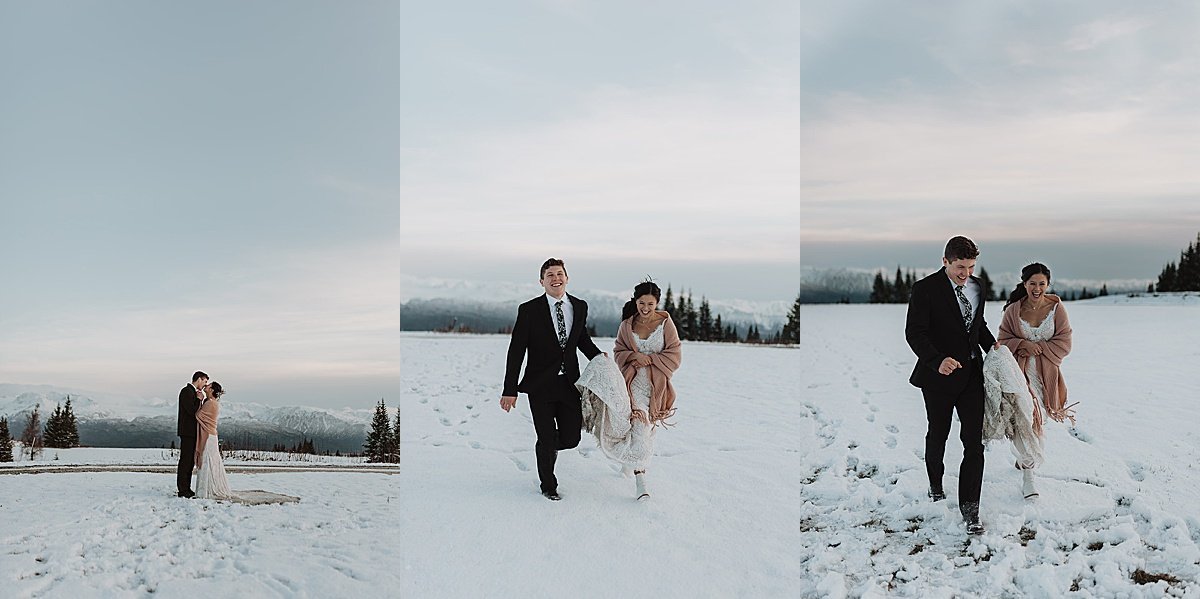  bride and groom run across snowy field at october ceremony shot by alaska wedding photographer 