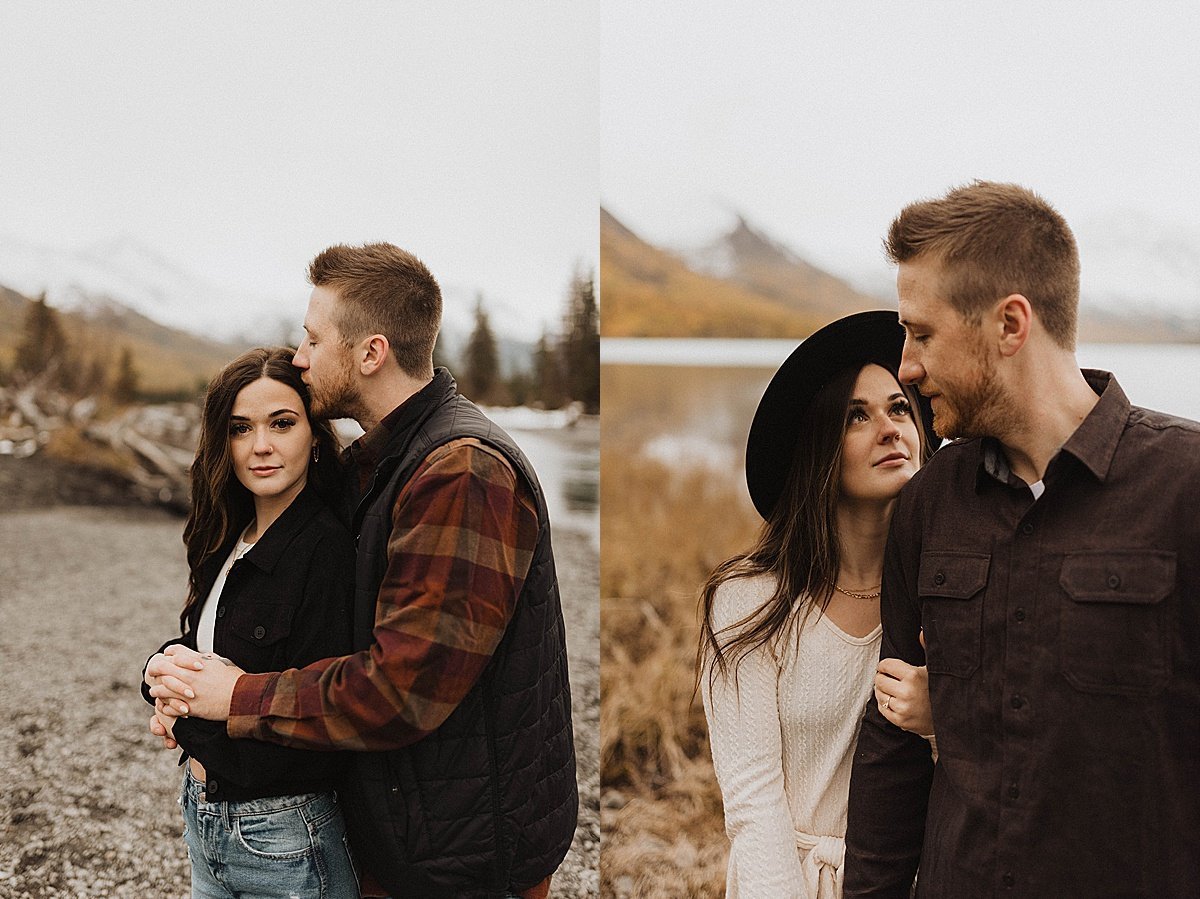  outdoorsy couple in felt hat and plaid flannel jacket pose during mountain lake engagement shoot by alaska wedding photographer 