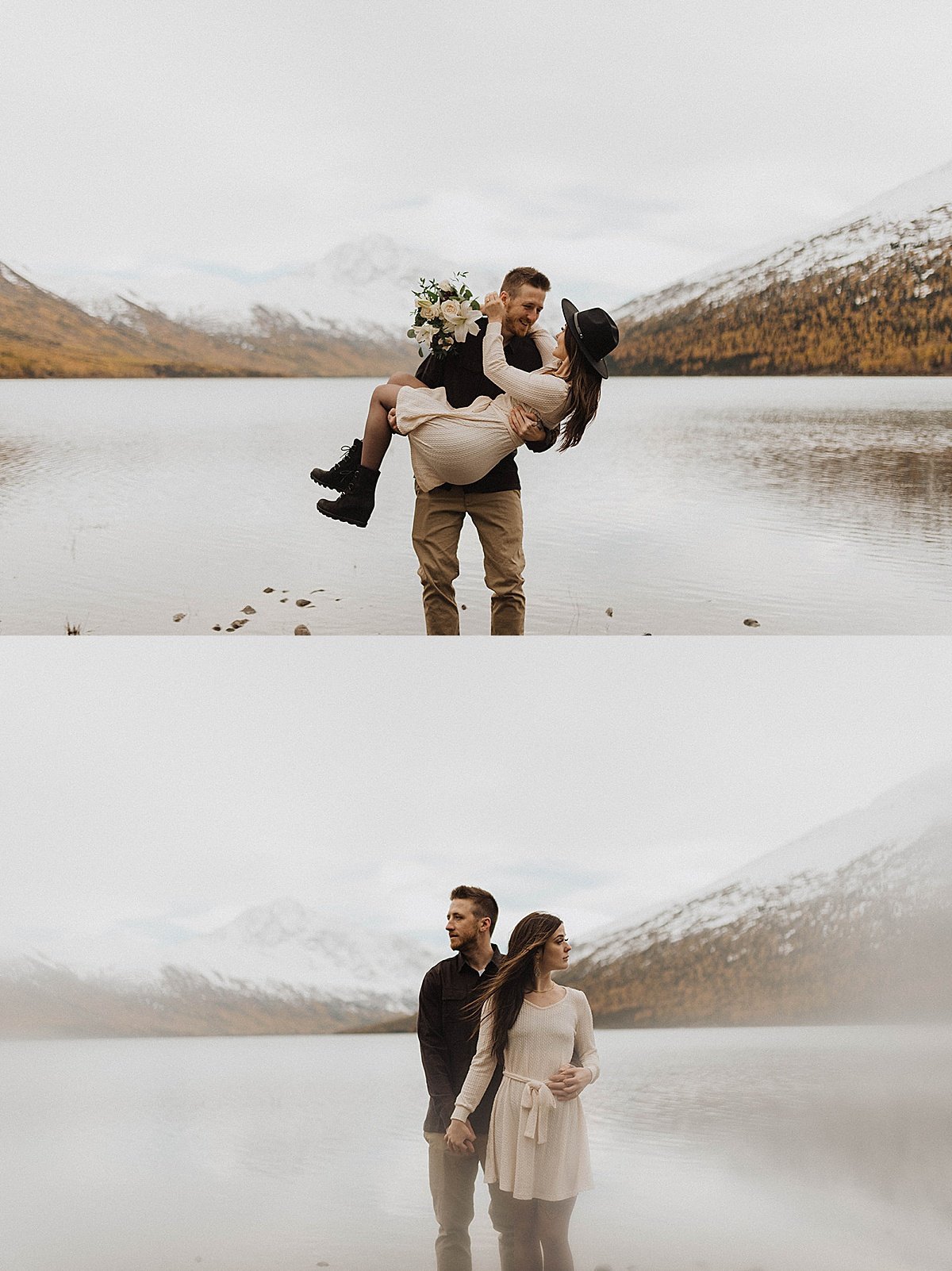  man sweeps his fiancee off her feet in front of mountain lake during autumn engagement shoot 