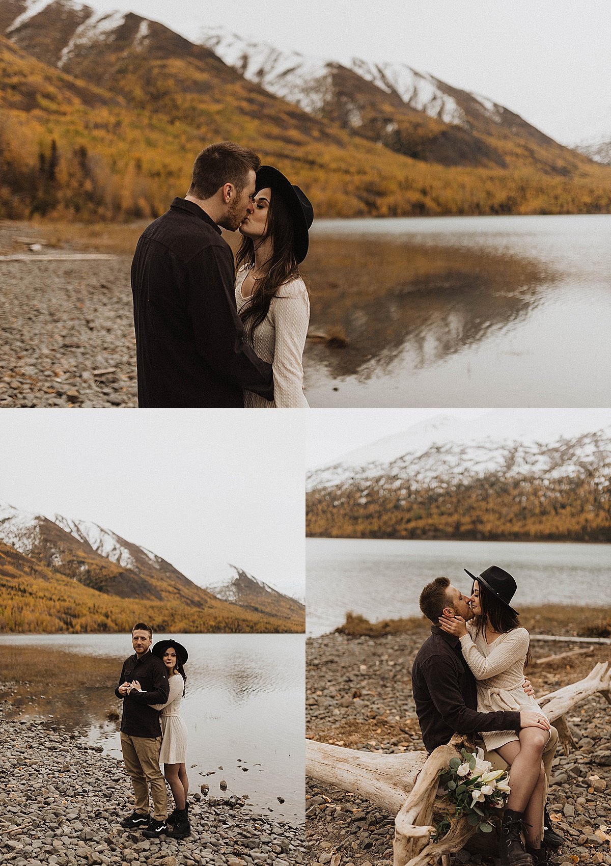  boho couple with felt hat and wildflower bouquet kiss in front of mountain lake with driftwood at shoot by alaska wedding photographer 