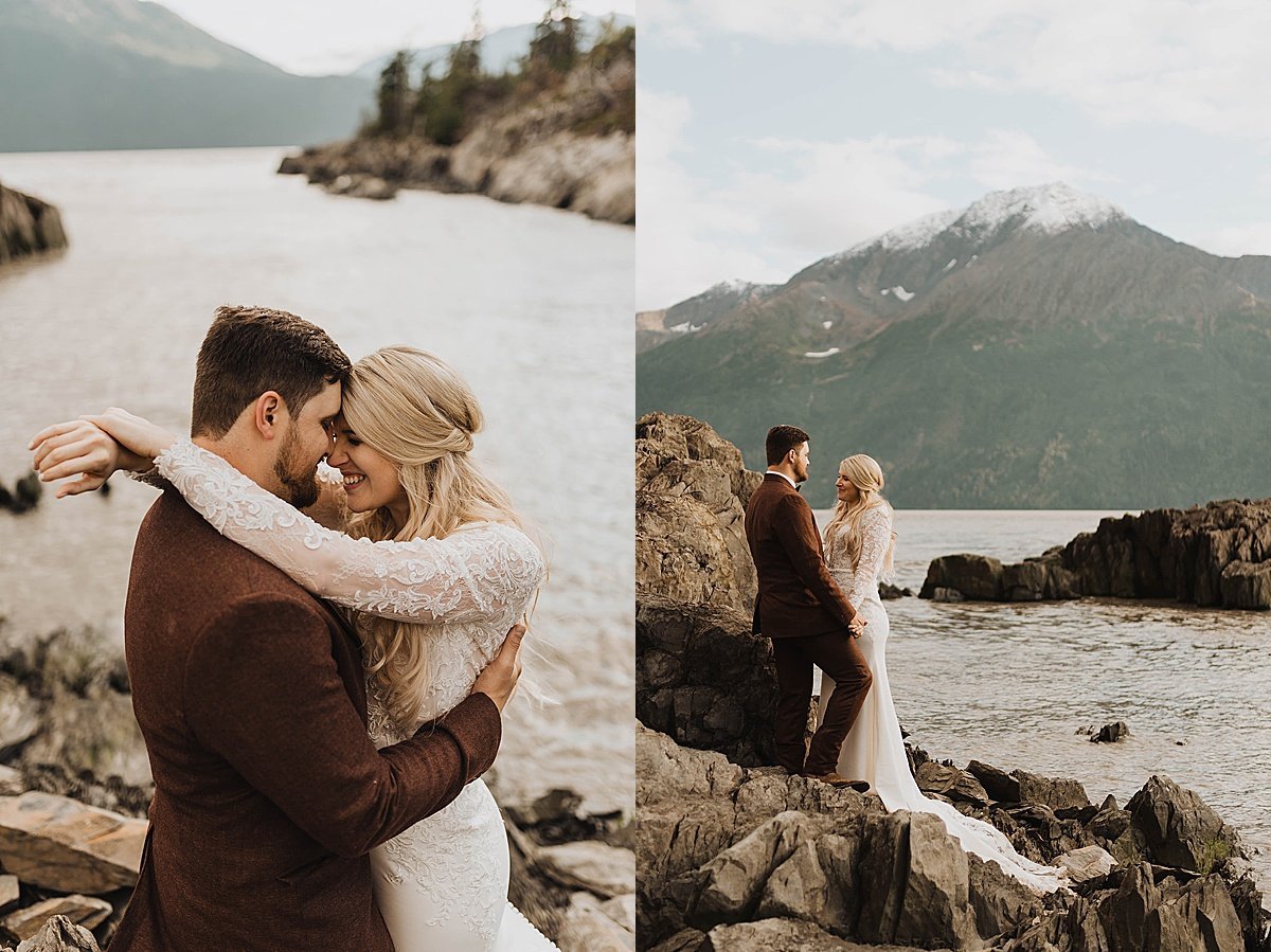  Bride and groom kiss on rocky outcrop above mountain lake in moody outdoor shoot by Theresa mcdonald 