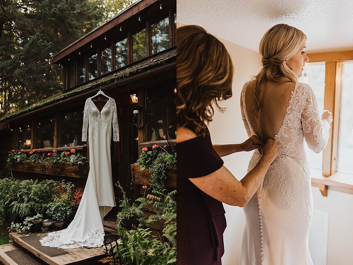  Wedding gown is displayed at lodge while bride is getting ready for moody glacier creek wedding 