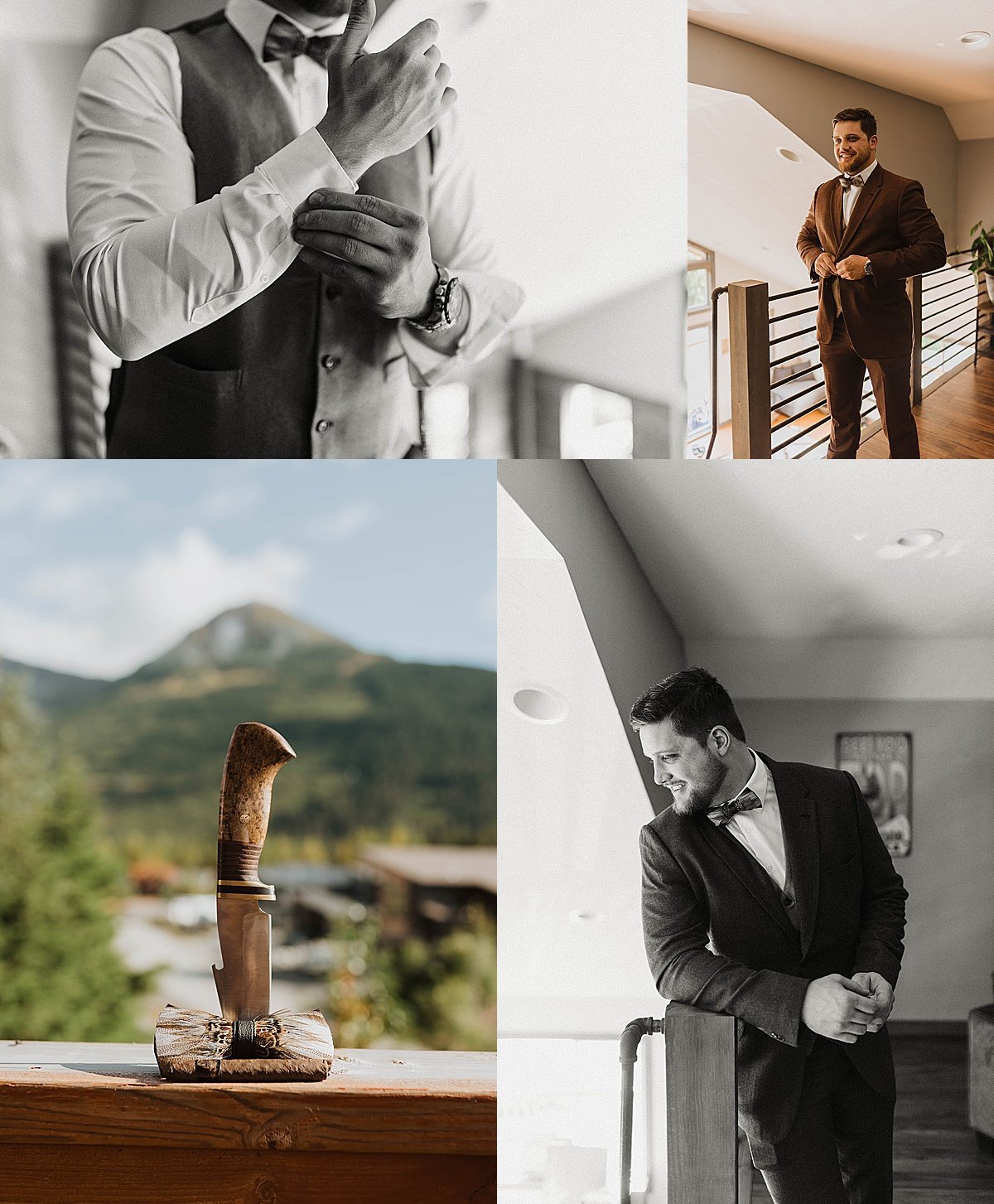  details of burgundy tuxedo and rugged pocketknife as groom gets ready for outdoor girdwood ceremony shot by alaska wedding photographer 