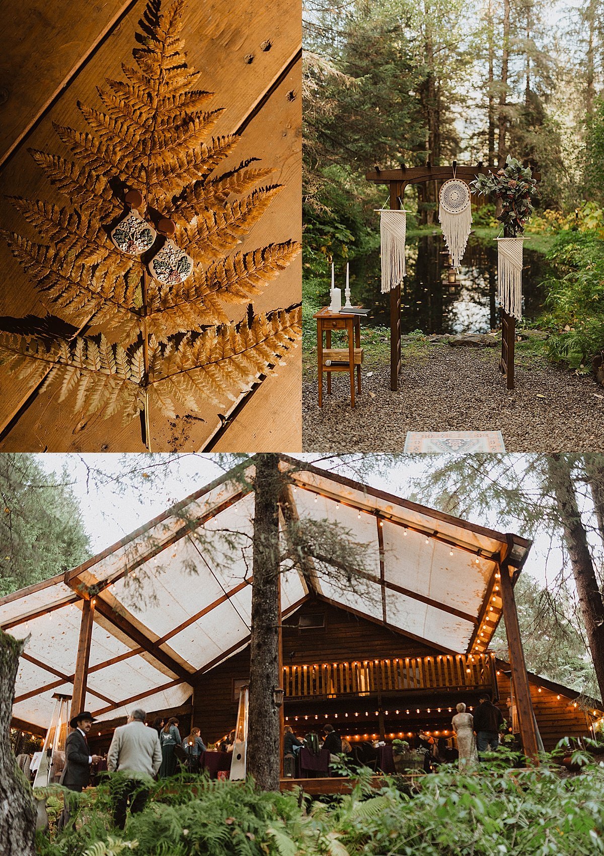  details of raven glacier lodge wedding venue with fern and earrings, wedding arch with dreamcatchers shot by theresa mcdonald 