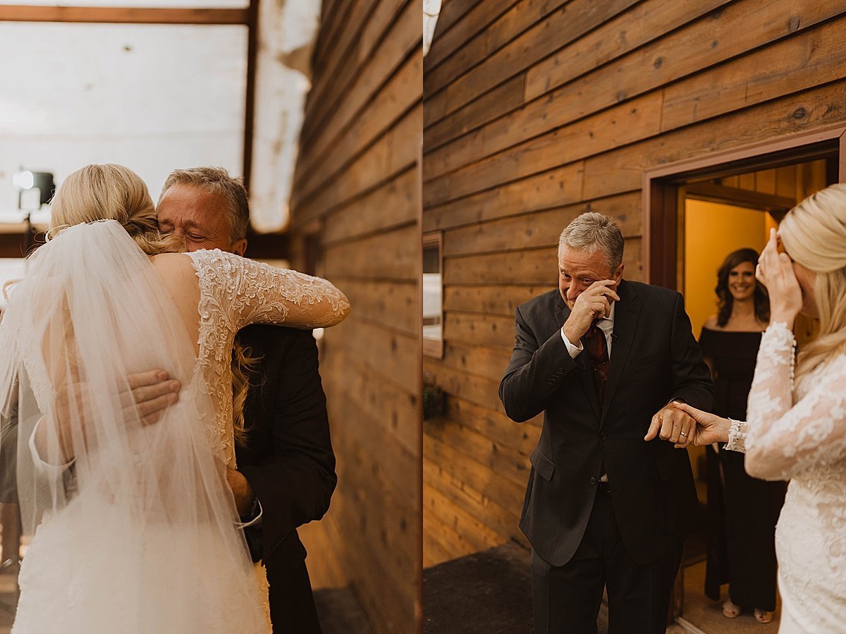  father of the bride tears up at first sight of his daughter in her white lace gown with veil at ceremony shot by alaska wedding photographer 