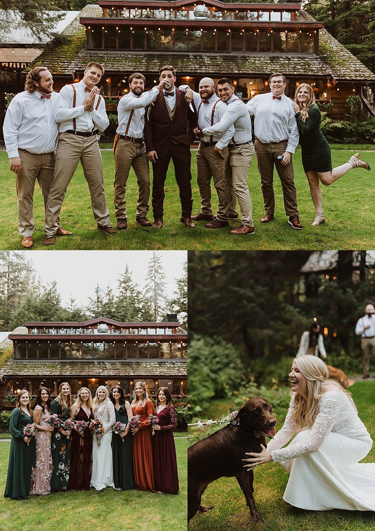  wedding party cheers on bride and groom and their dog at outdoor ceremony shot by alaska wedding photogrpher 