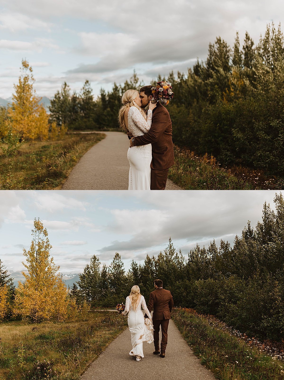  bride and groom walk down wooded path in alaska nature park after outdoor wedding ceremony shot by theresa mcdonald 