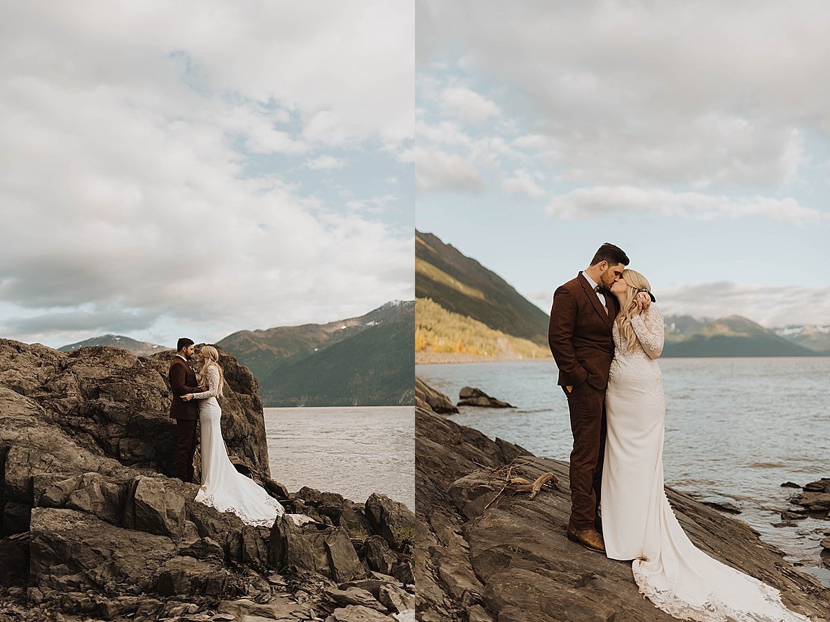  just married bride and groom pose at golden hour mountain lake shot by alaska wedding photographer 