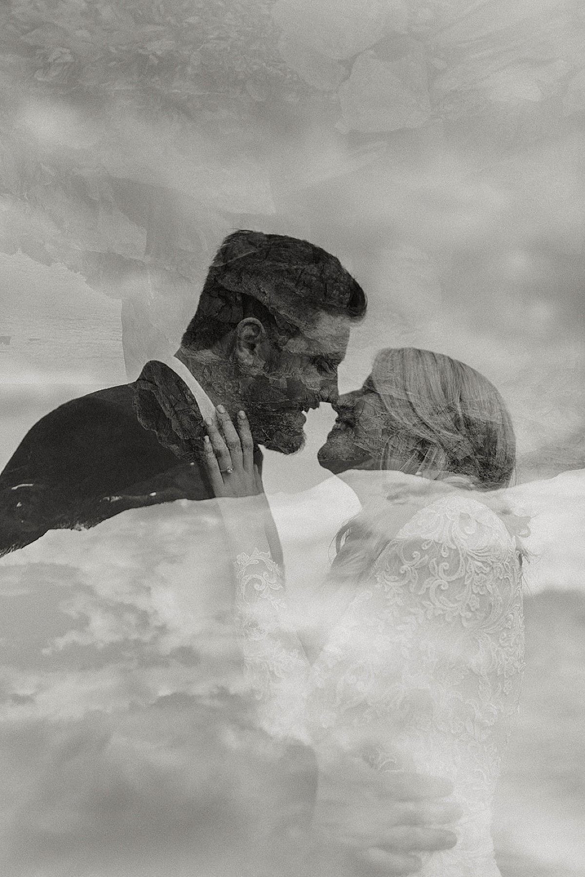  image of bride and groom is superimposed over mountain landscape in artsy shoot after moody glacier creek wedding 