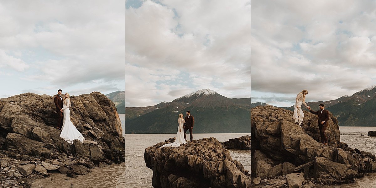  bride and groom kiss after ceremony on rocky outcrop overlooking mountain lake in gridwood, ak wedding shot by theresa mcdonald photography 
