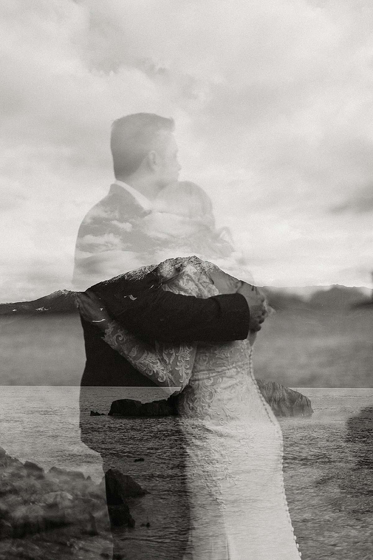  image of bride and groom embracing superimposed on mountain landscape in artsy shoot by alaska wedding photographer 