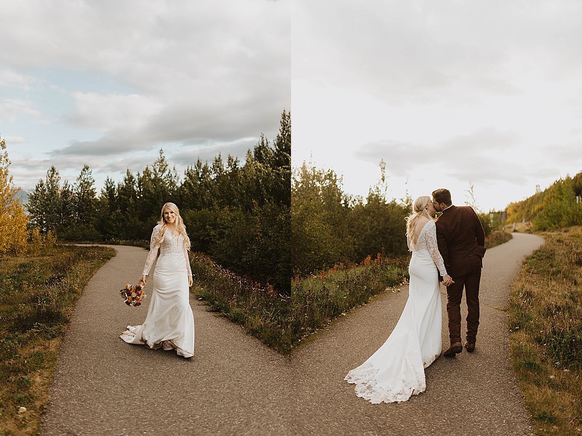  newlywed bride and groom pose on wooded path in alaska park after moody glacier creek wedding 