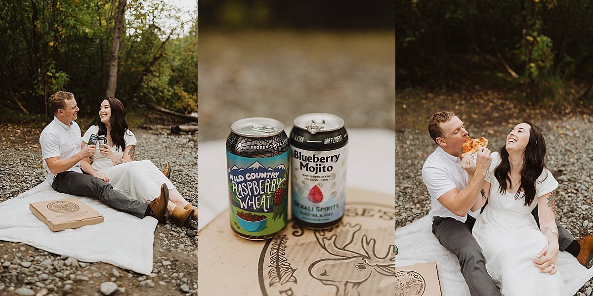  Man and woman eat local pizza and beer at picnic during woodsy engagement shoot 