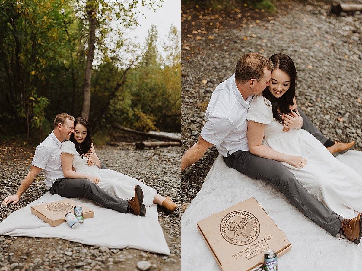  couple enjoys favorite local pizza in cute fall engagement shoot 