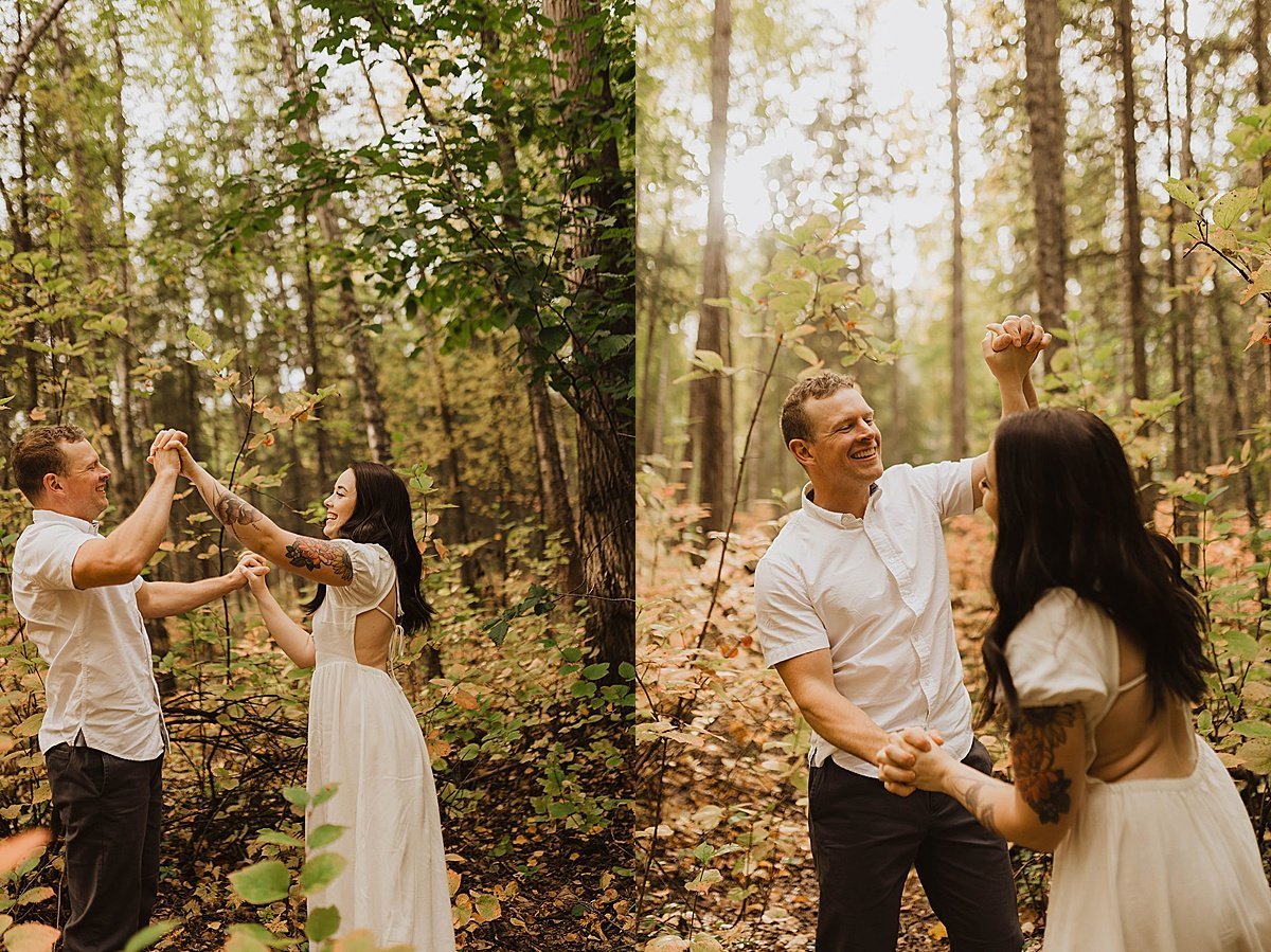  Couple laughs and dances in golden hour engagement shoot by Theresa McDonald 