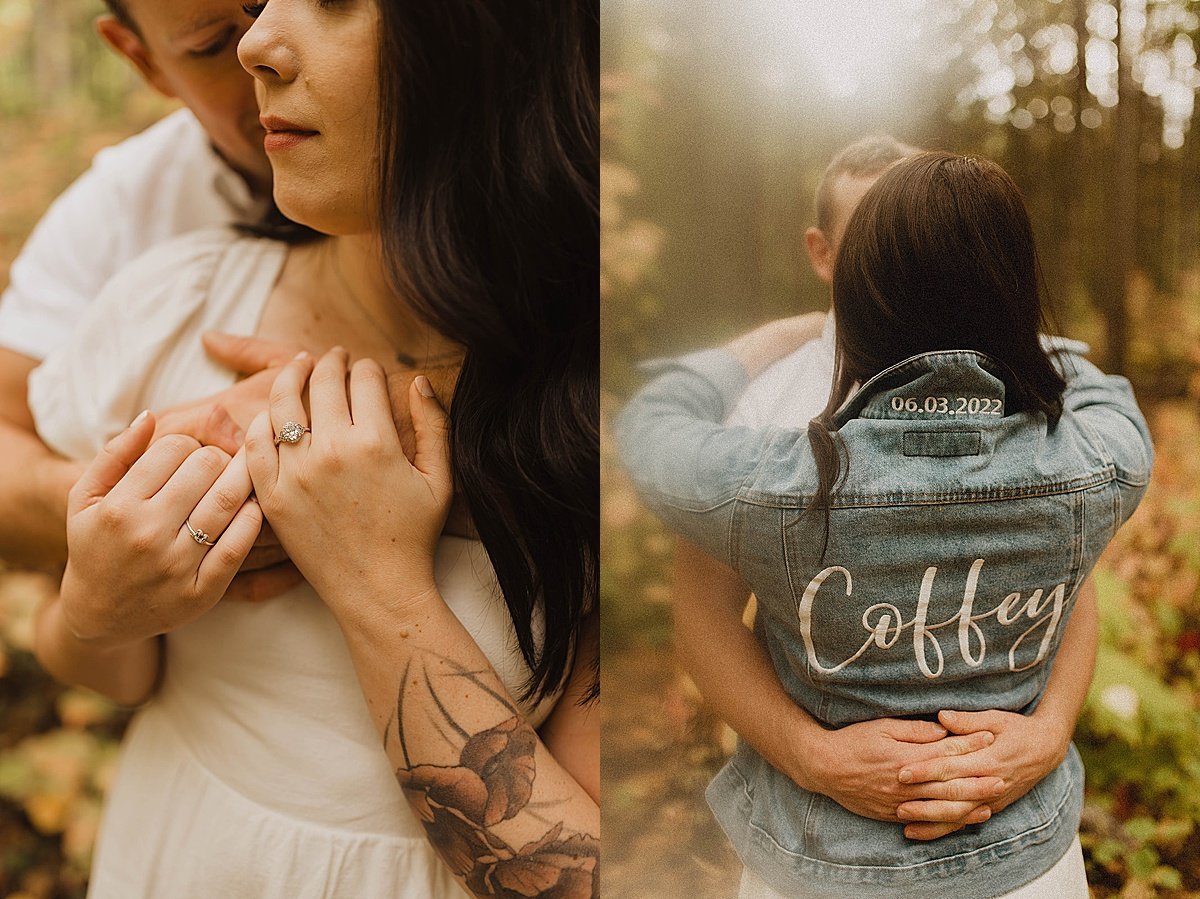  Engaged couple pose with diamond ring and bride jean jacket in shoot with Theresa McDonald 