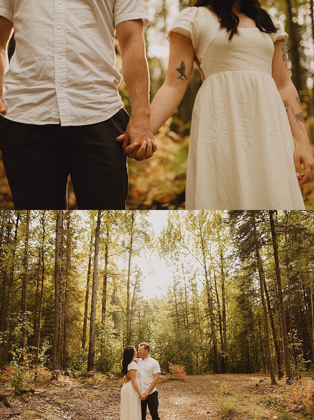  Man and woman with tattoo hold hands in forest engagement outdoor shoot 