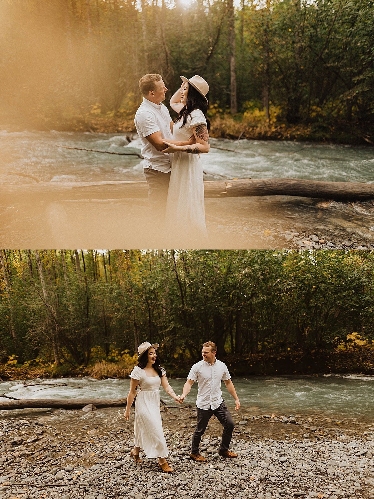  Man and woman in white dress and hat walk along riverbank in alaska wedding photographer shoot 