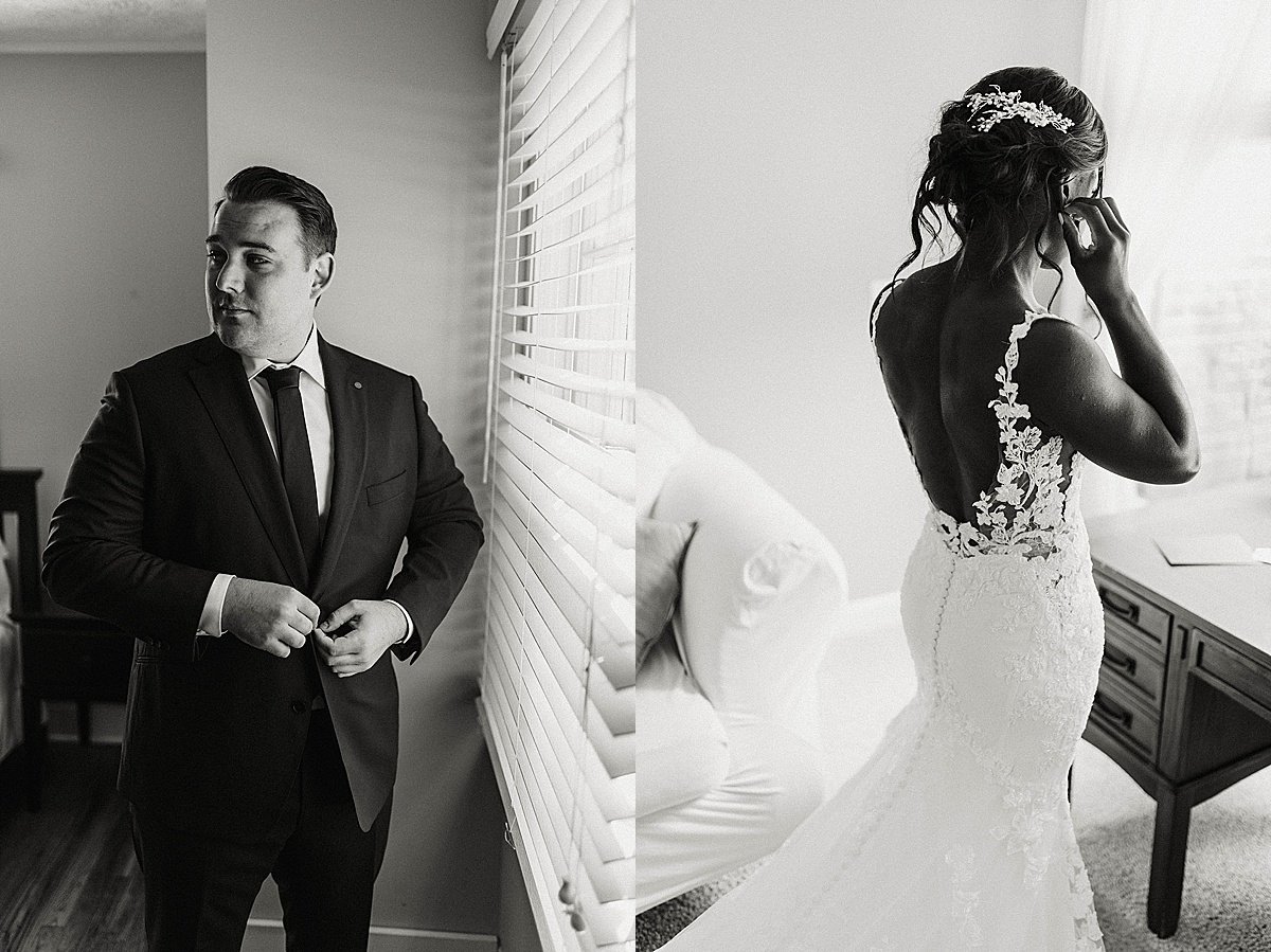  Bride and groom get ready for ceremony in classy black and white 