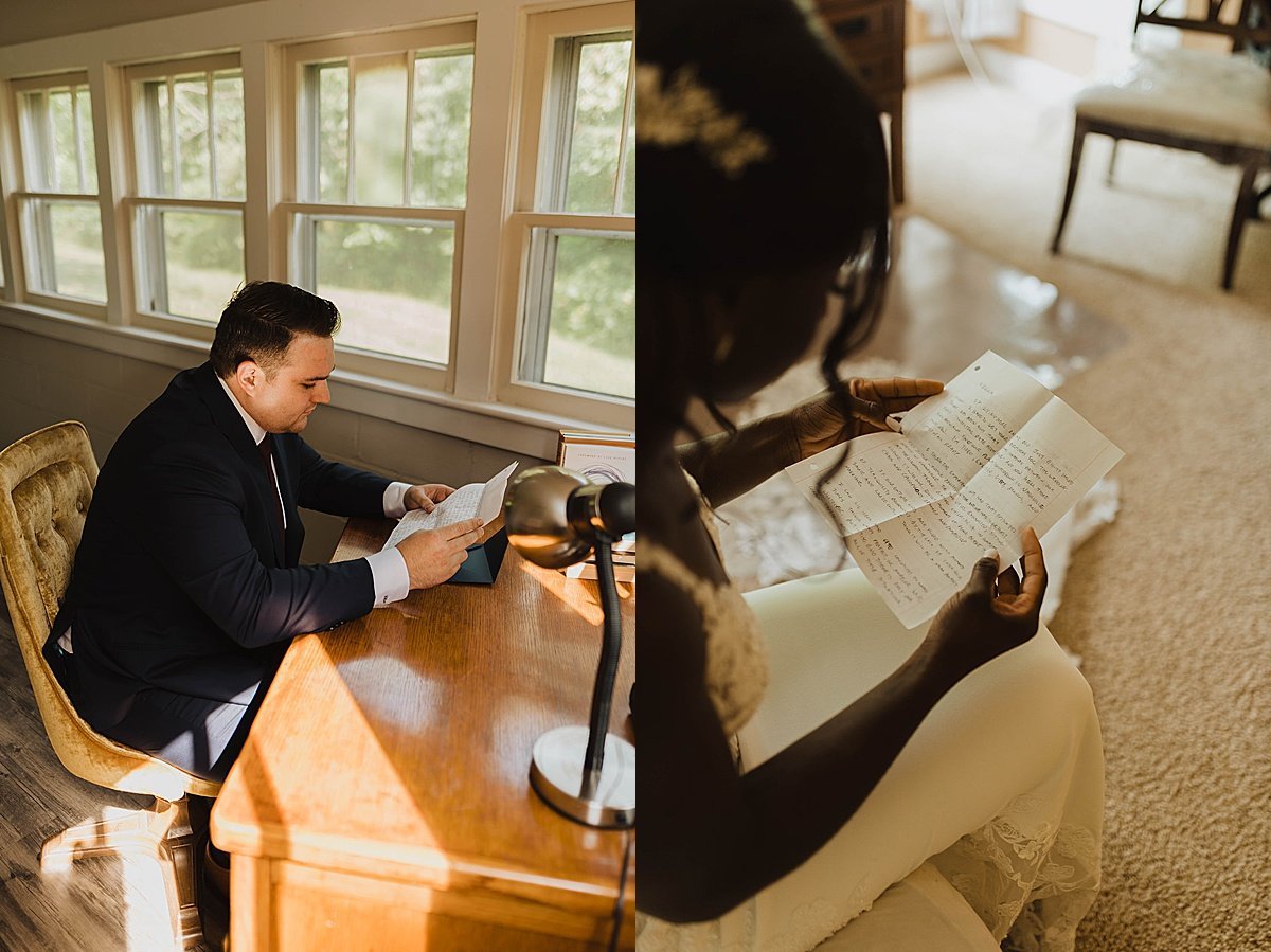  Bride and groom read hand-written letters as they get ready for wedding ceremony 