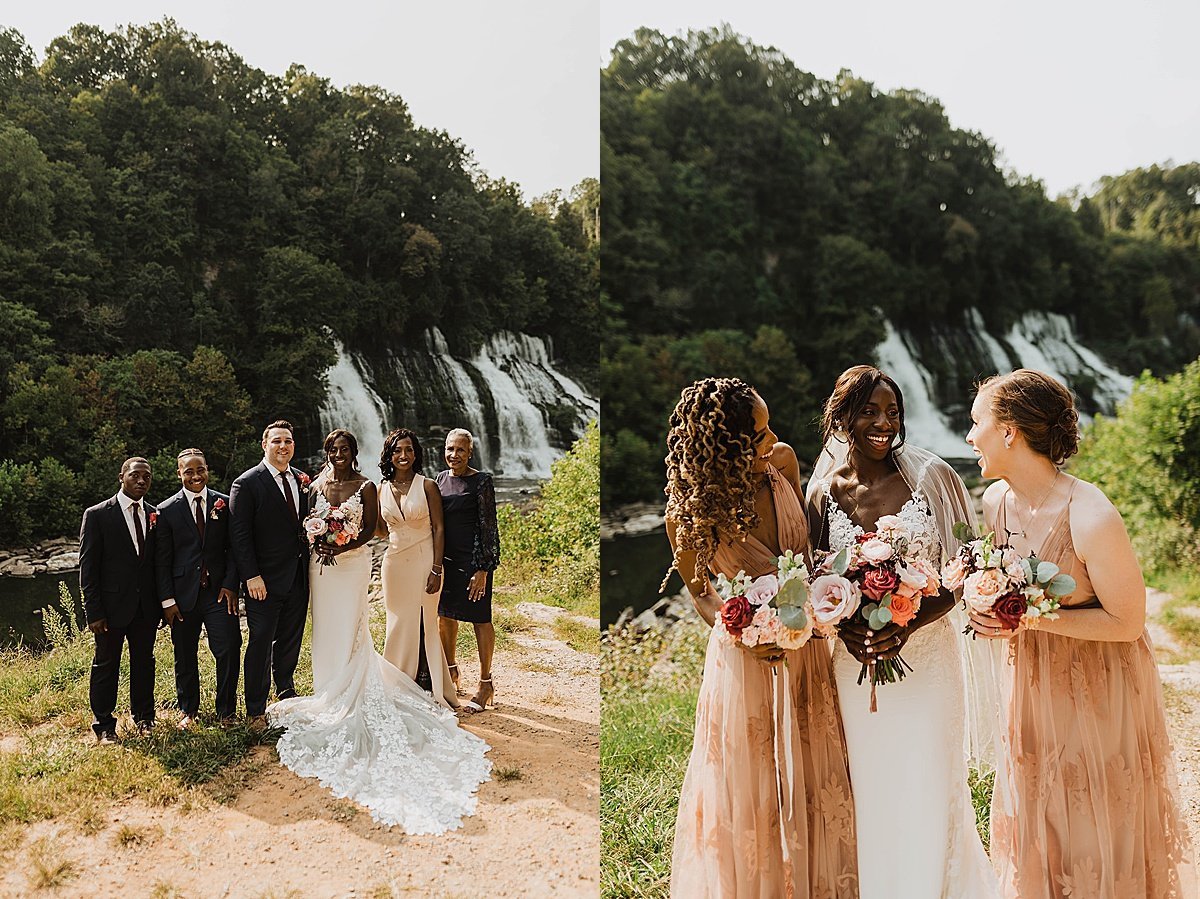  Family surrounds bride and groom after outdoor wedding ceremony by waterfall 