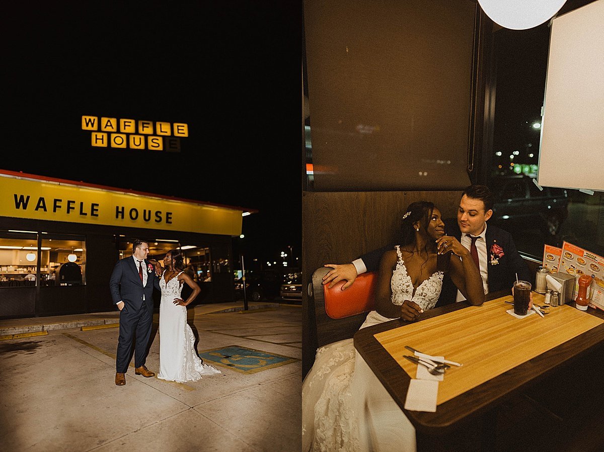  Bride and groom visit diner to eat waffles after wedding reception shot by Theresa McDonald 