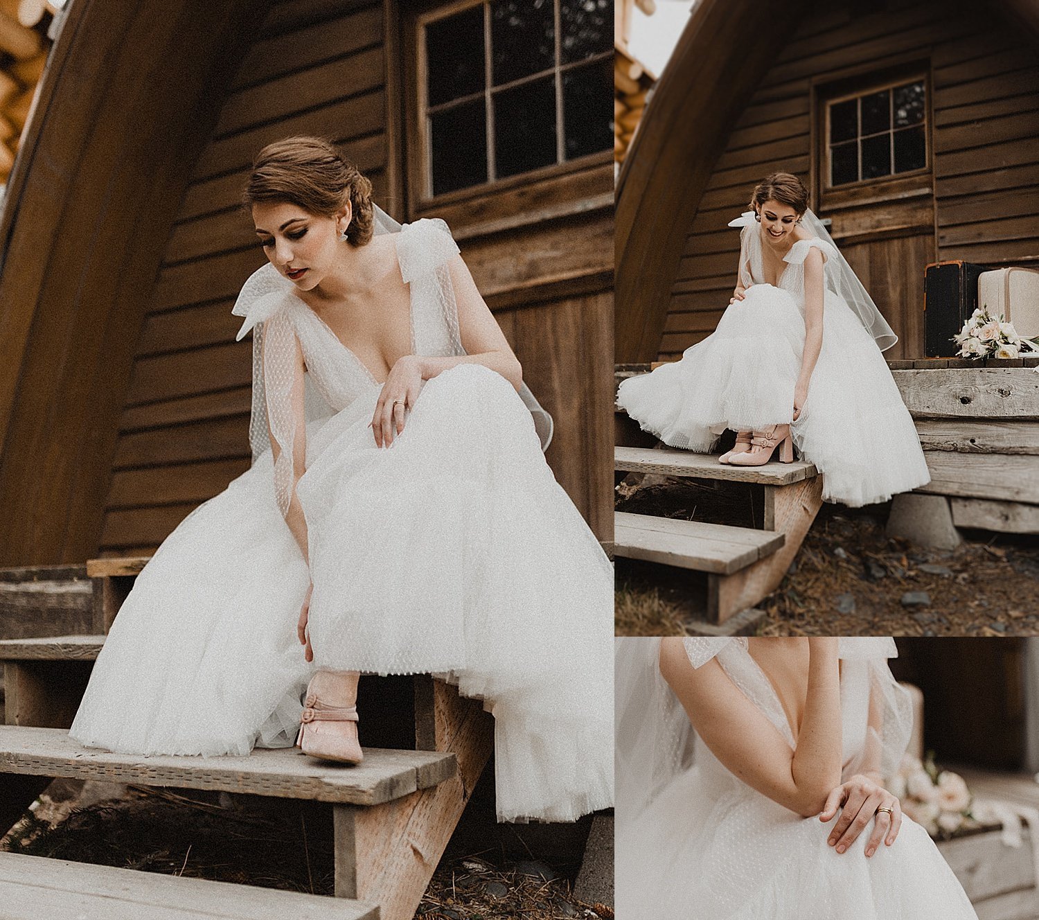  Detail shots of a bride adjusting shoe, sitting on rustic porch in vintage inspired shoot 